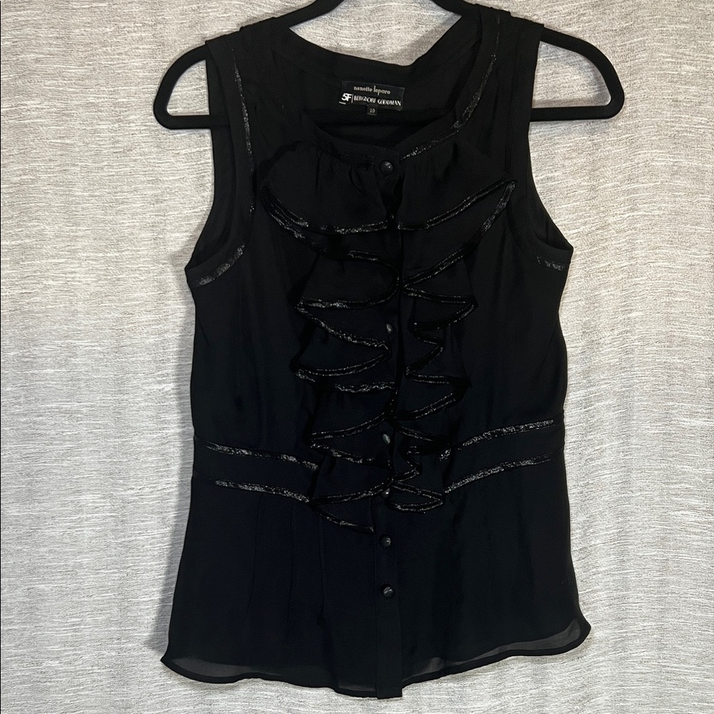 Nanette Lepore Bergdorf Goodman Black Silk Ruffle Sleeveless Blouse Size 10